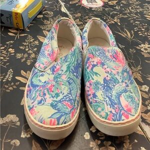 Lilly Pulitzer Pink and Blue Canvas Slip-Ons